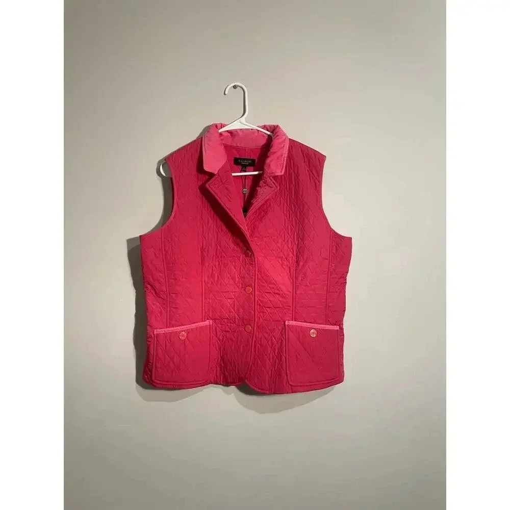 Talbots Pink Quilted Button Front‎ Vest with Corduroy Collar
